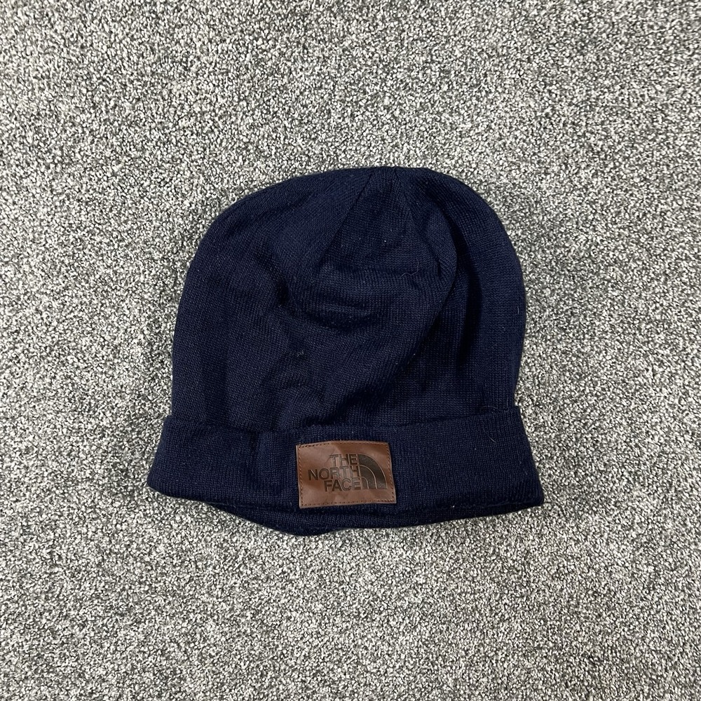 The North Face Beanie Navy Blue Cuffed Knit Hat Brown Logo Patch Outdoor